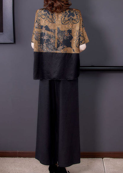 Black O-neck Tops and Pants Silk Two Pieces Set Summer