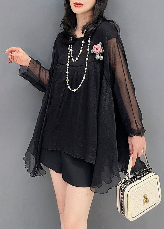 Black O Neck Wrinkled Patchwork Tulle Top Spring