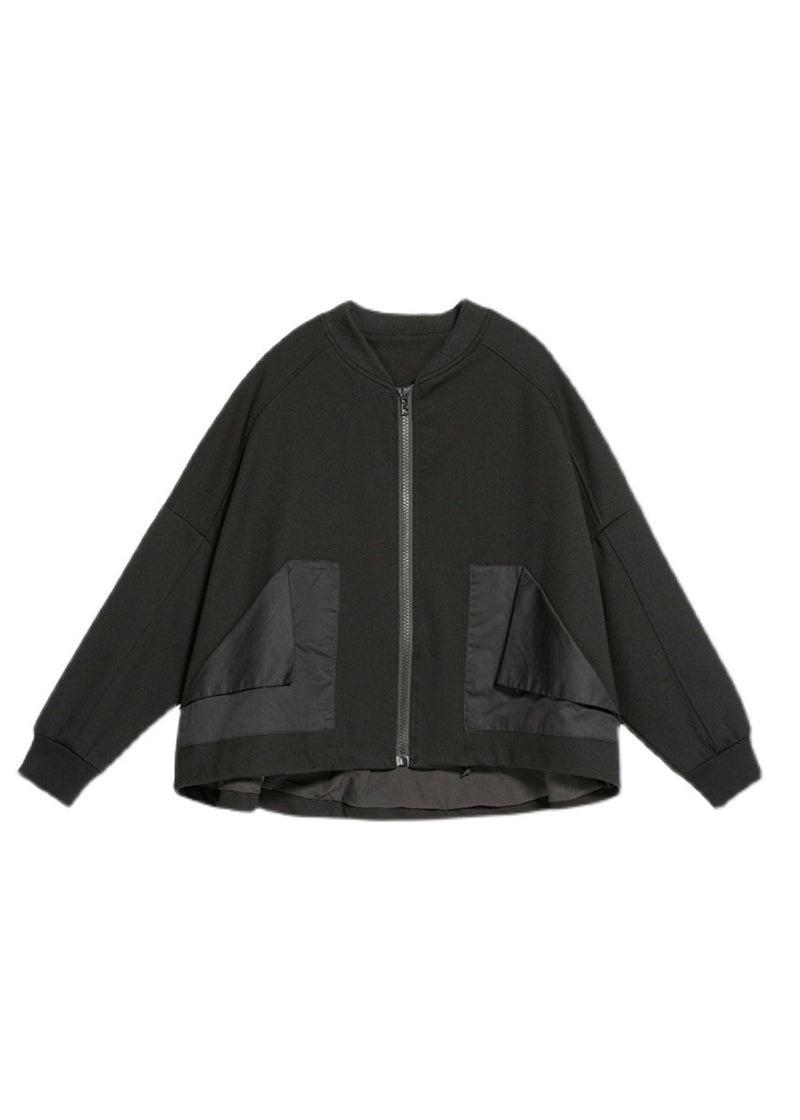 Black O-neck Zip Up Pockets Ruffles Patchwork Cotton Coats Long Sleeve