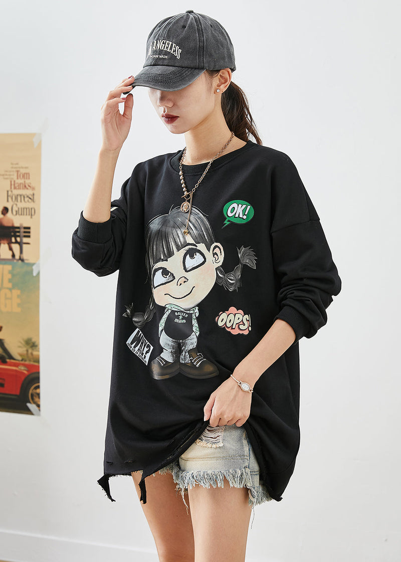 Black Oversized Cartoon Print Cotton Ripped Sweatshirts Top Fall