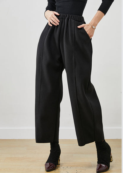 Black Oversized Elastic Waist Woolen Crop Pants Spring