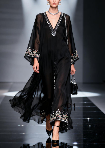 Black Oversized Fine Pearl Chiffon Party Dress Summer