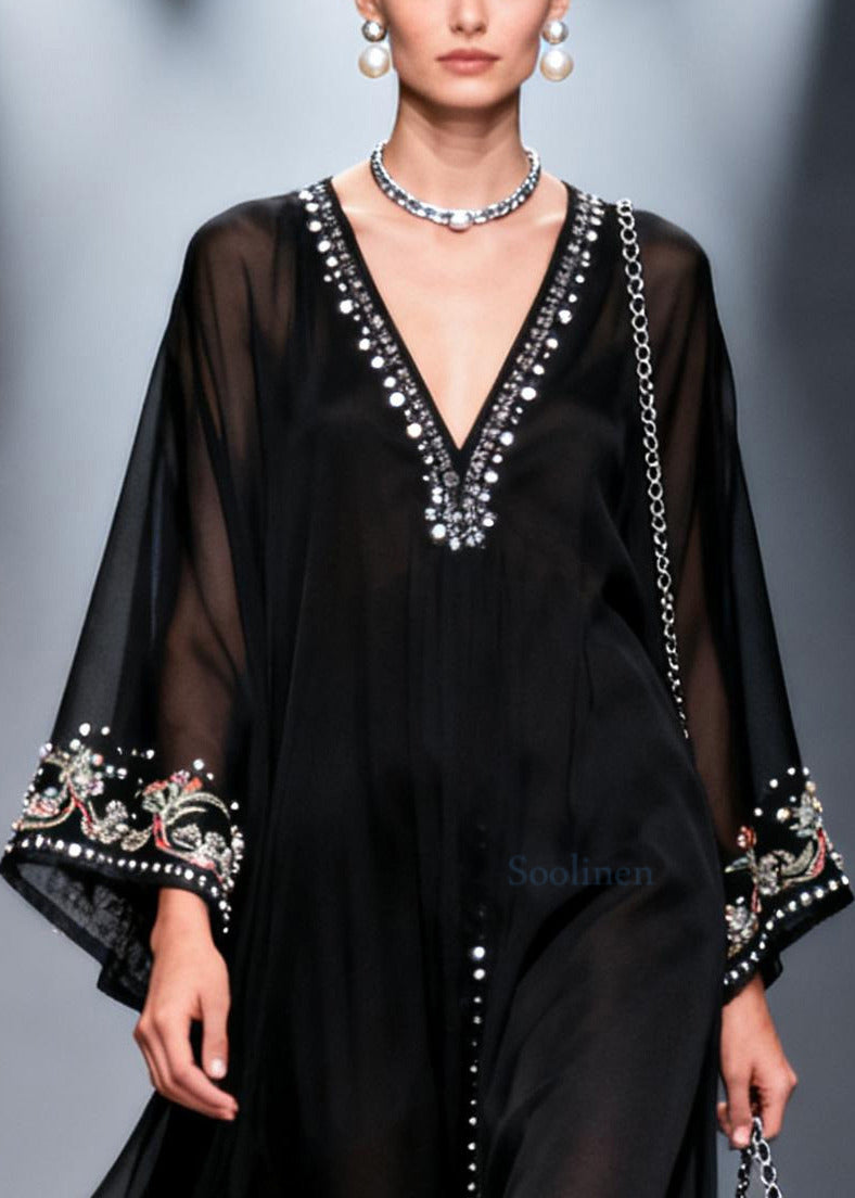 Black Oversized Fine Pearl Chiffon Party Dress Summer