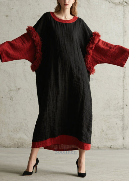 Black Oversized Patchwork Faux Fur Maxi Dresses Fall