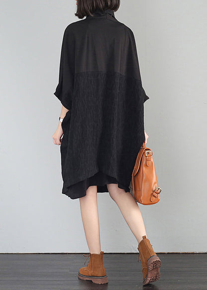 Black Oversized Patchwork Linen Vacation Dresses Summer