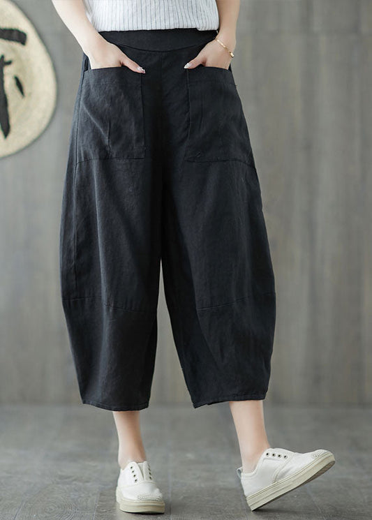 Black Oversized Patchwork Pockets Linen Harem Pants Summer