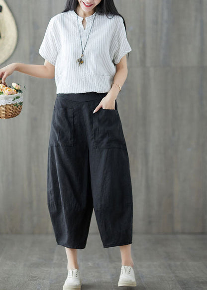 Black Oversized Patchwork Pockets Linen Harem Pants Summer