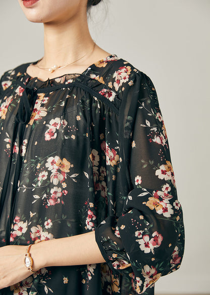 Bohemian Black Oversized Print Chiffon Shirt Summer