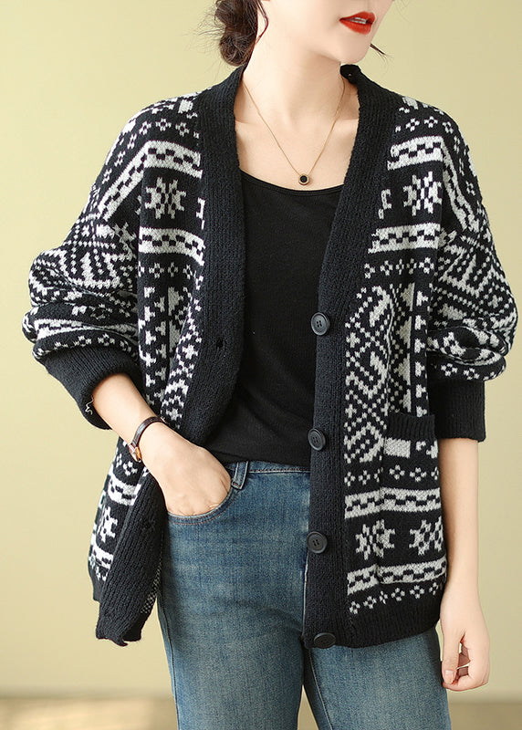 Black Oversized Print Knit Cardigan Spring