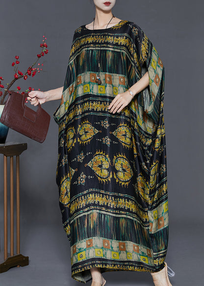 Black Oversized Print Silk Long Dresses Batwing Sleeve