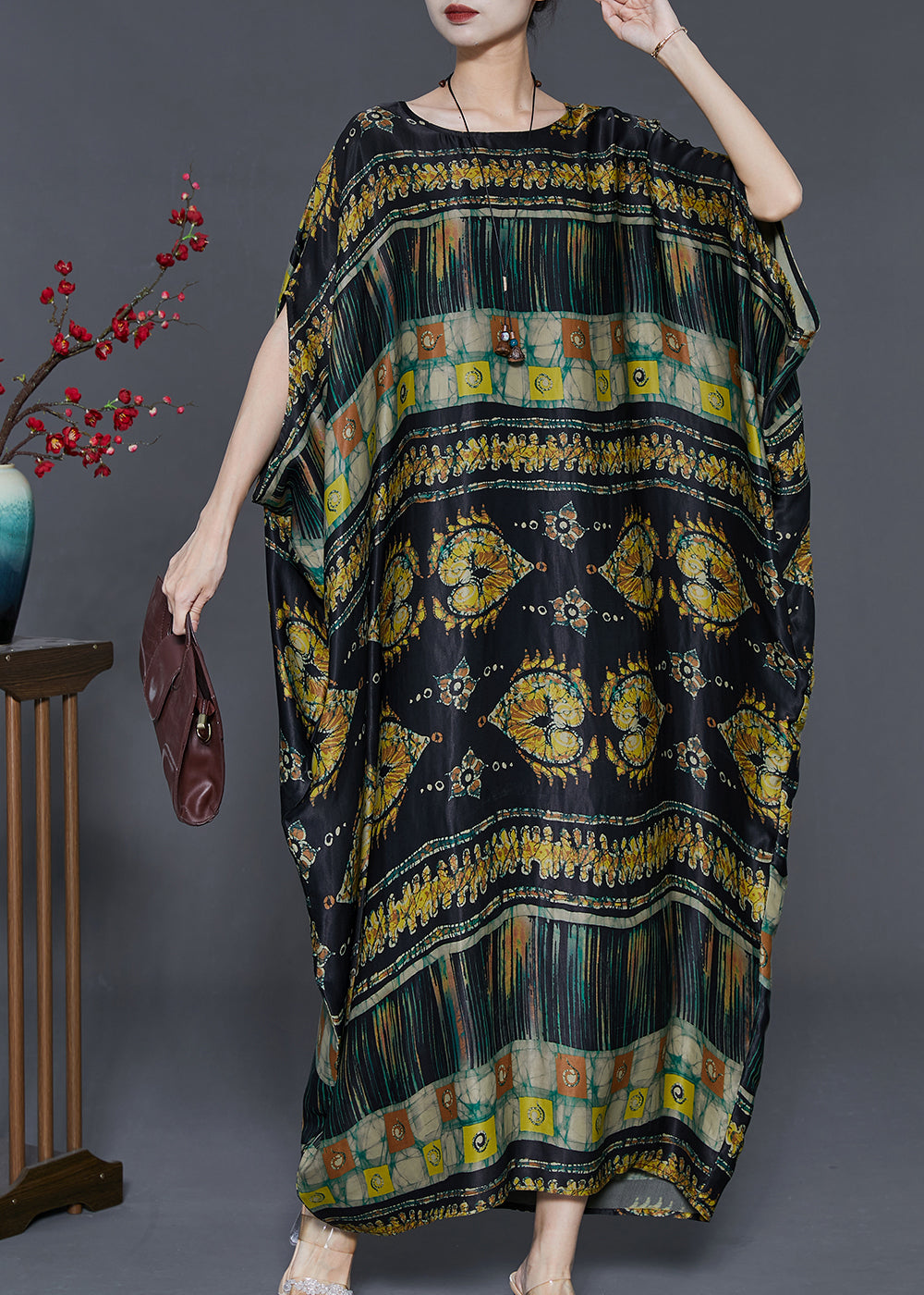Black Oversized Print Silk Long Dresses Batwing Sleeve