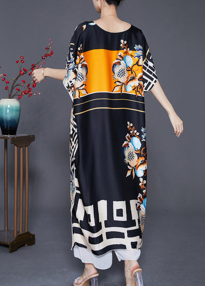 Black Oversized Print Silk Robe Dresses Batwing Sleeve