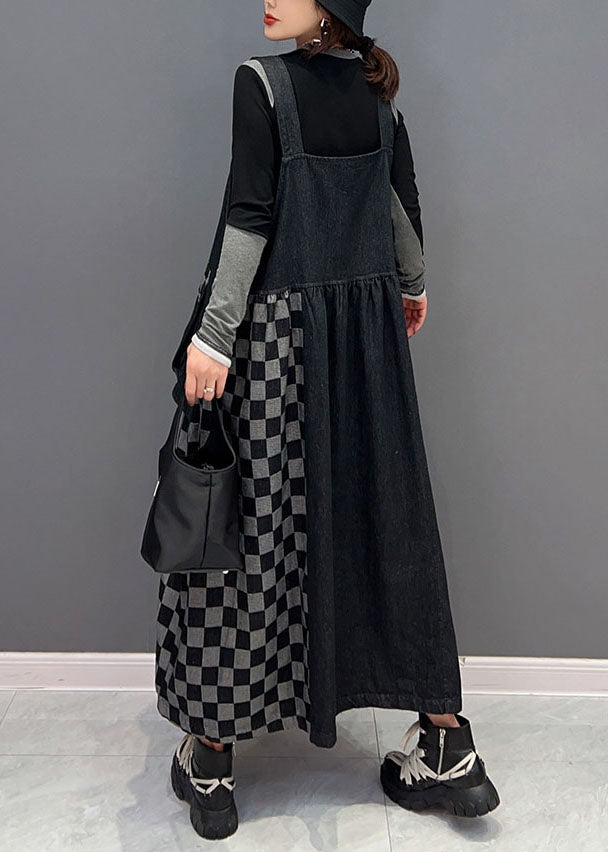 Black Patchwork Cotton Denim Strap Dresses Spring