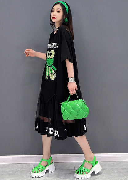 Black Patchwork Tulle Diamonds Cotton Sweatshirt Dress Short Sleeve