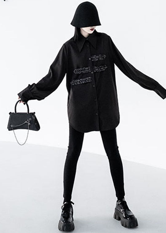 Black Peter Pan Collar Button Sequins Cotton Shirt Tops Long Sleeve