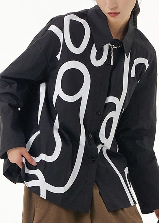 Black Peter Pan Collar Geometric Patchwork Cotton Blouses Spring