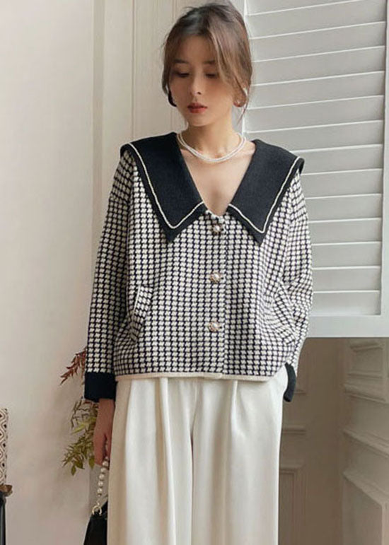 Black Peter Pan Collar Plaid Knit Coat Spring