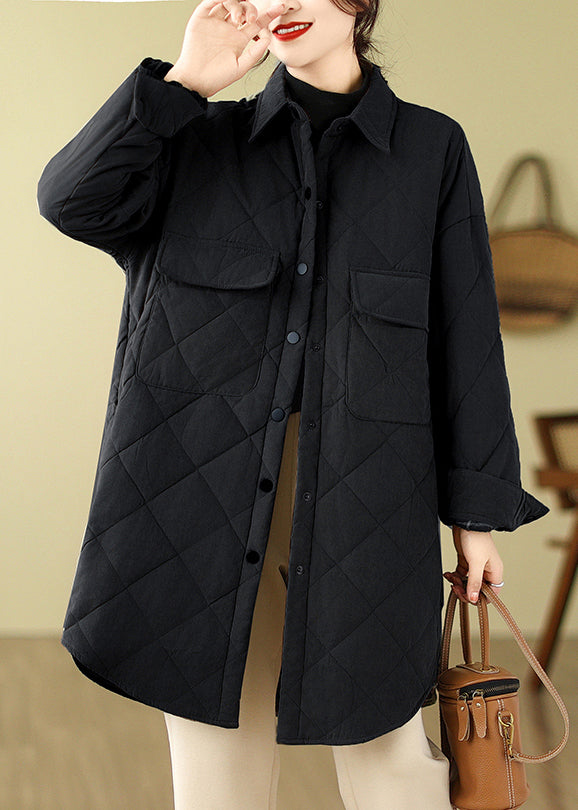 Black Peter Pan Collar Pockets Fine Cotton Filled Puffers Jackets Winter