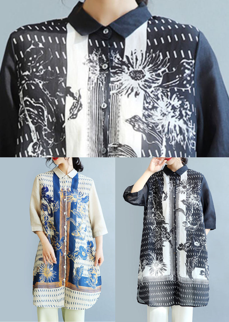 Black Peter Pan Collar Print Linen Long Shirt Tops Half Sleeve