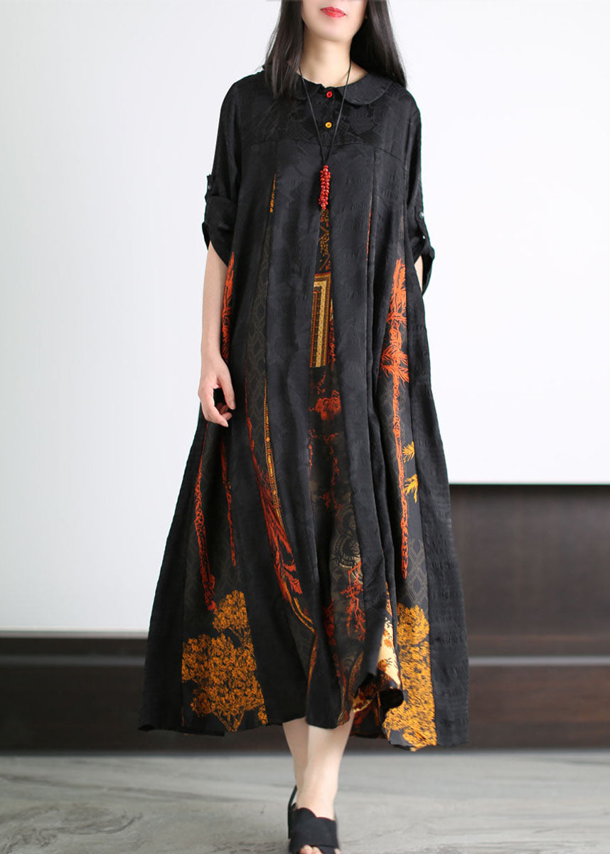 Black Peter Pan Collar Print Patchwork Silk Long Dress Summer