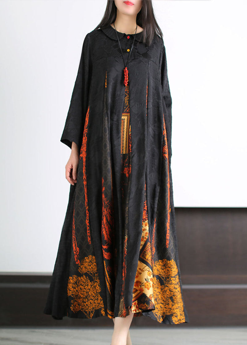 Black Peter Pan Collar Print Patchwork Silk Long Dress Summer