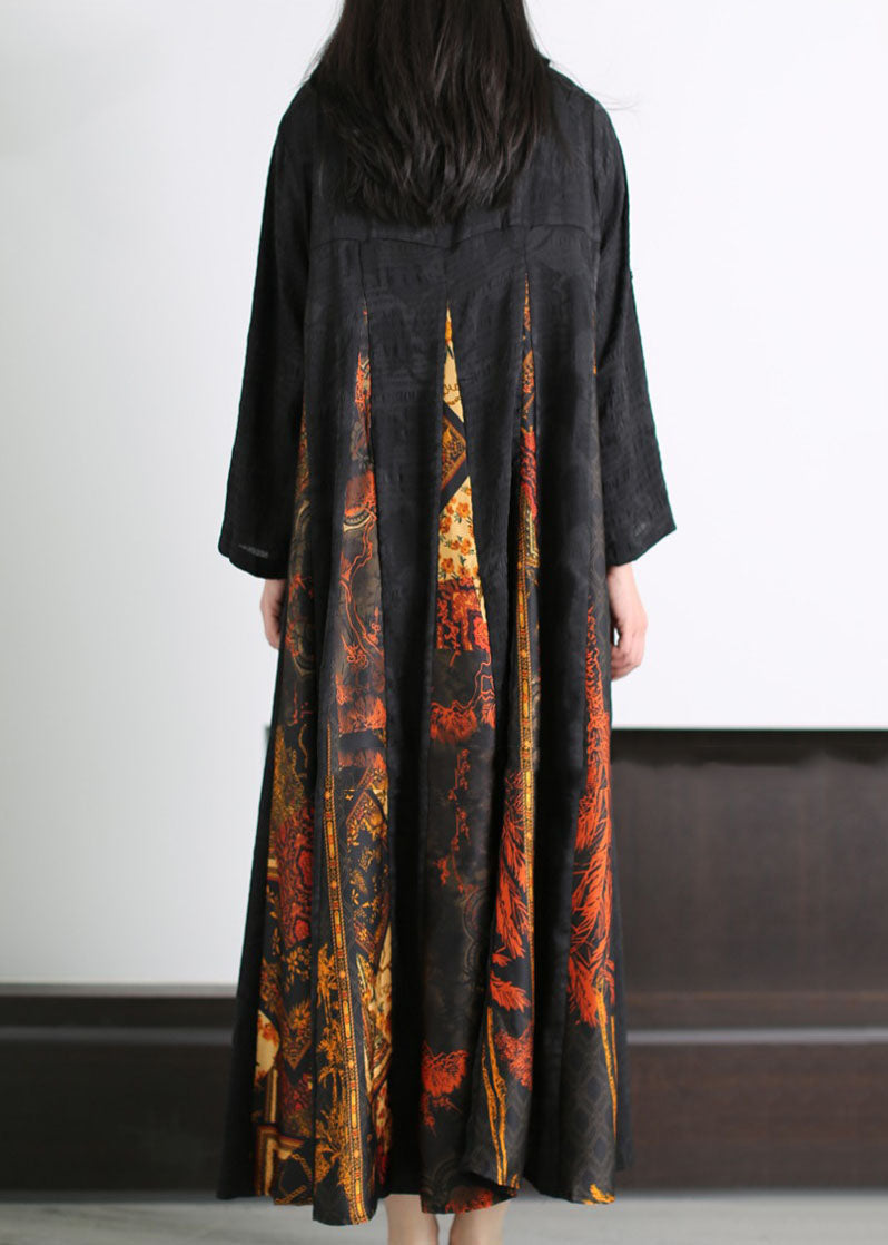 Black Peter Pan Collar Print Patchwork Silk Long Dress Summer