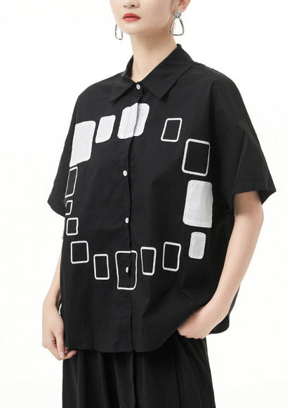 Black Peter Pan Collar Print Shirt Tops Short Sleeve