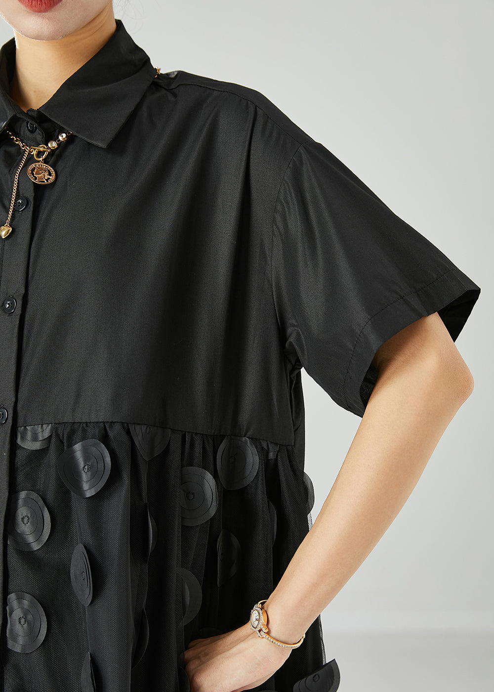 Black Peter Pan Collar Tulle Patchwork Cotton Maxi Dresses Summer