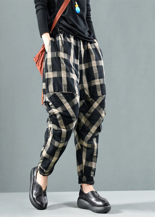 Black Plaid Fine Cotton Filled Pants Winter