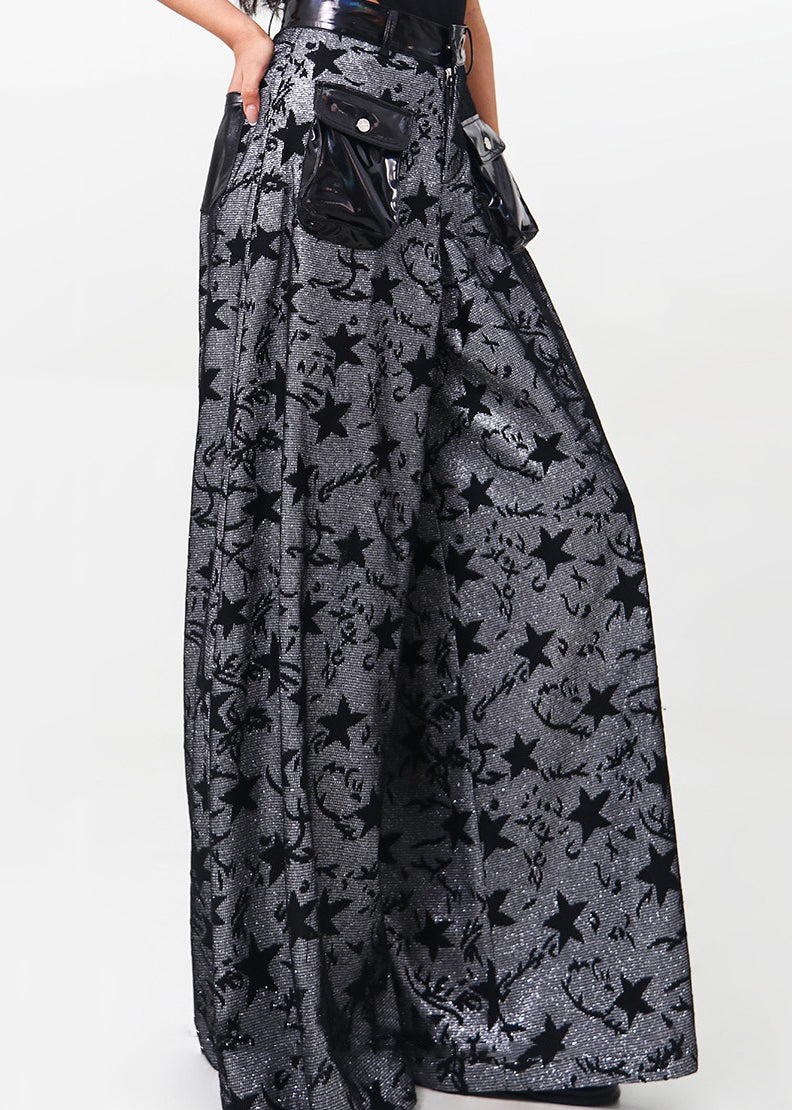 Black Pockets Patchwork Denim Wide Leg Pants Spring