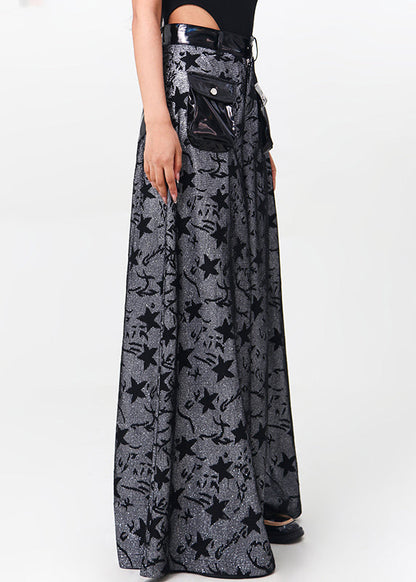 Black Pockets Patchwork Denim Wide Leg Pants Spring