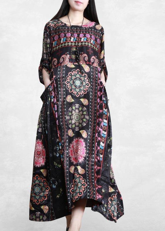 Black Print Dress O Neck Pockets Dress