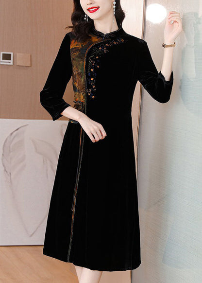 Black Print Embroidered Tassel Silk Velour Maxi Dresses Fall
