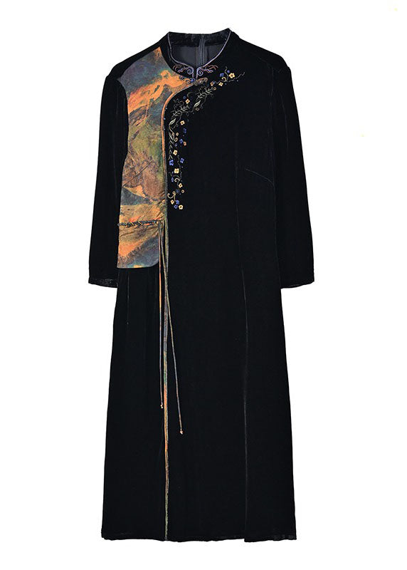 Black Print Embroidered Tassel Silk Velour Maxi Dresses Fall