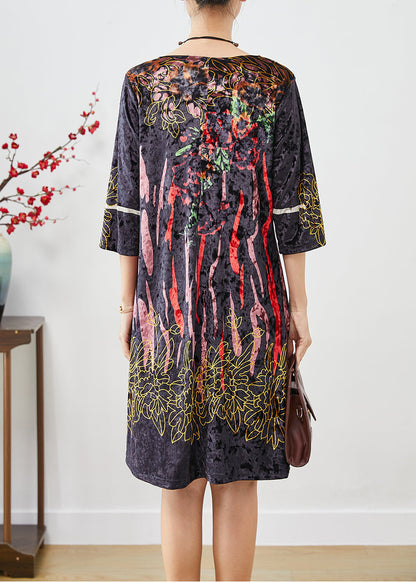 Black Print Silk Velour Maxi Dresses Half Sleeve