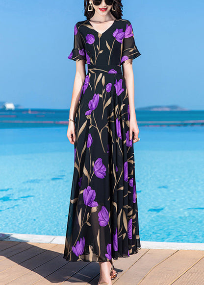 Black Print Tunic Silk Maxi Traveling Dress Short Sleeve