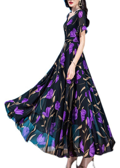 Black Print Tunic Silk Maxi Traveling Dress Short Sleeve
