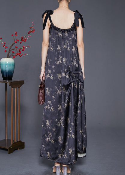 Black Print Wrinkled Silk Strap Dresses Summer