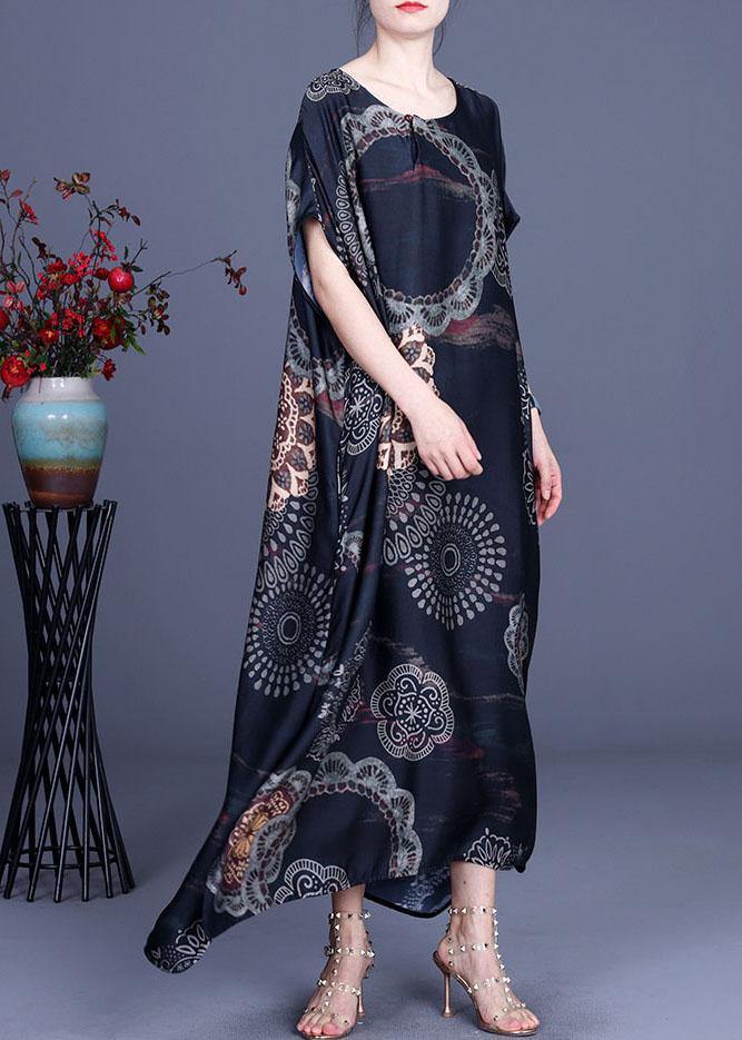 Black Print Side Open Silk Summer Ankle Dress