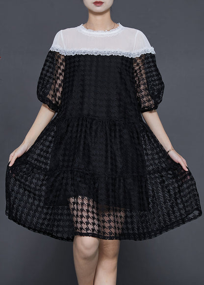 Black Puff Sleeve Patchwork Chiffontulle Maxi Dress Summer