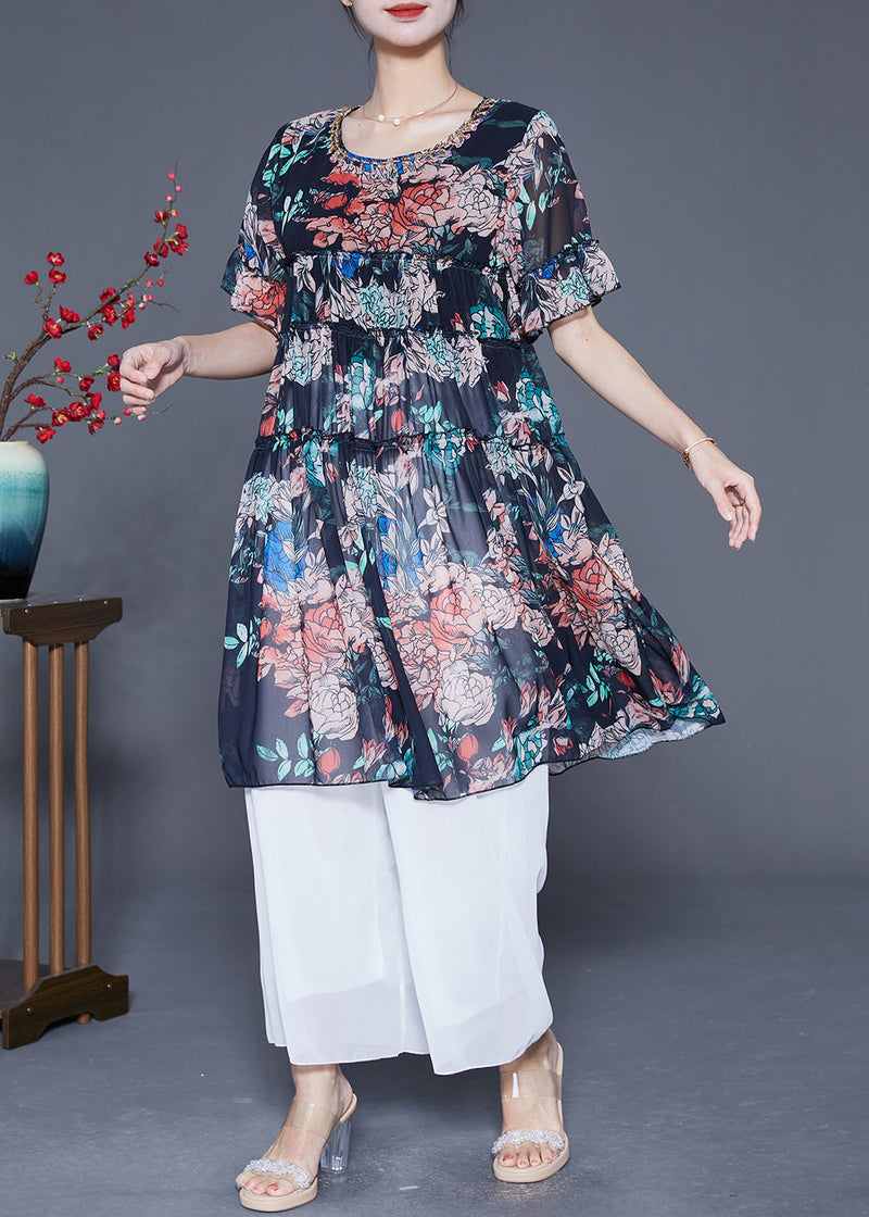 Black Ruffled Print Chiffon Dress Summer