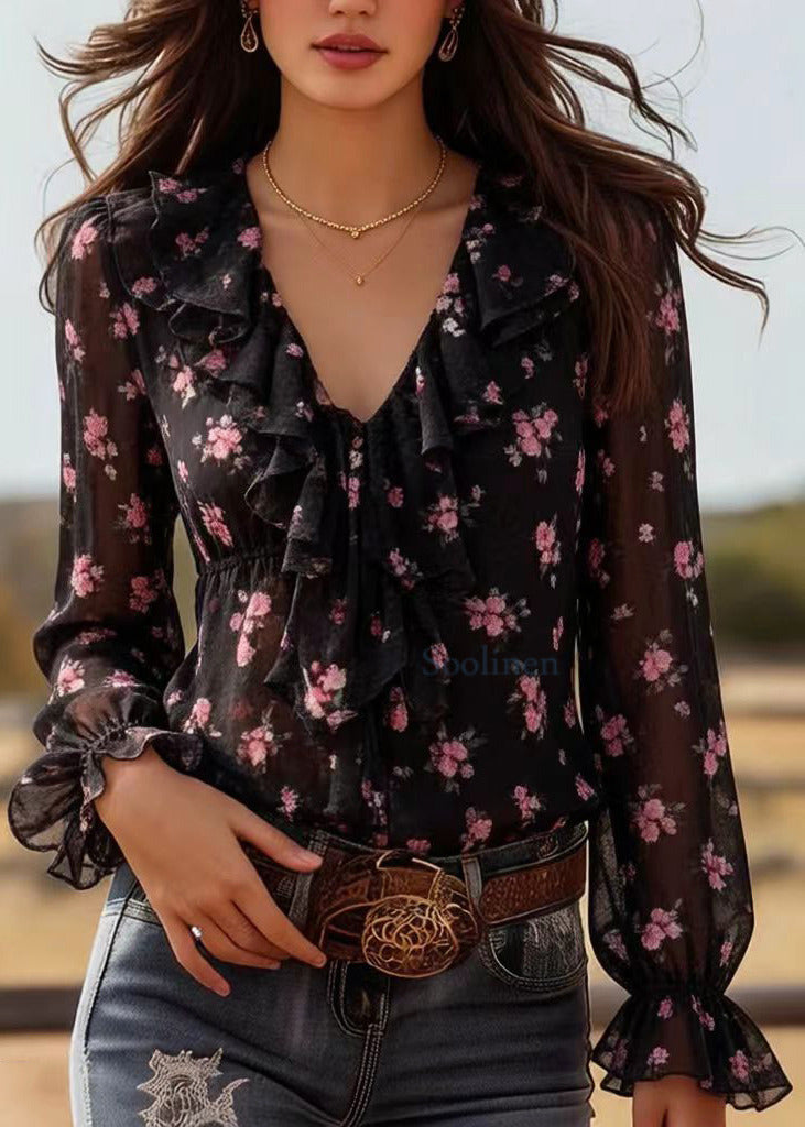 Bohemian Black Ruffled Print Chiffon Top Spring