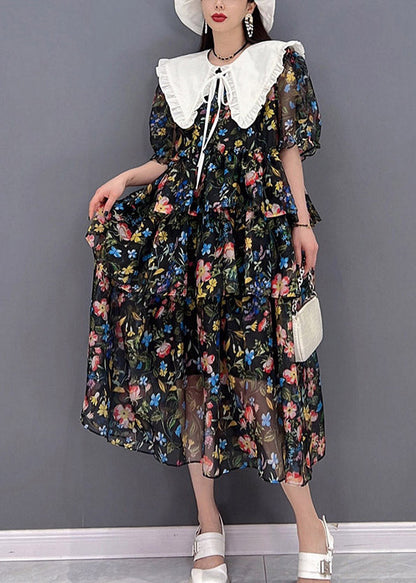 Black Sailor Collar Layered Design Cinched Print Chiffon Dress Short Sleeve