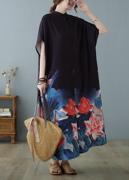 Black Stand Collar Oversized Print Chiffon Dress Summer