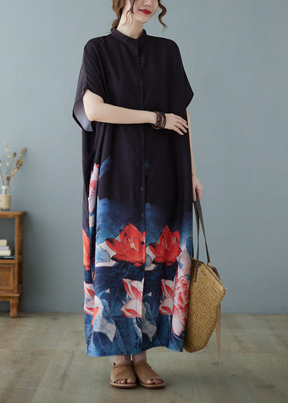 Black Stand Collar Oversized Print Chiffon Dress Summer