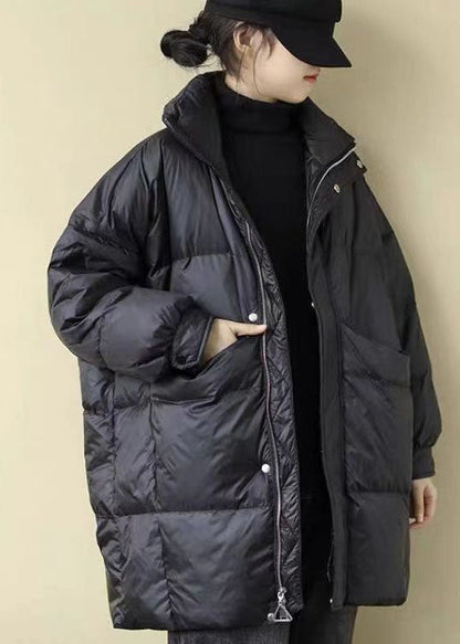 Black Stand Collar Oversized Pockets Duck Down Puffers Jackets Winter