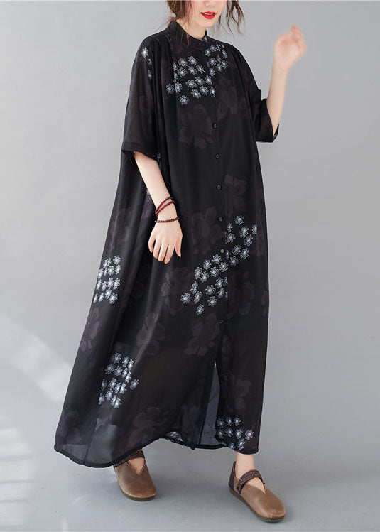 Black Stand Collar Oversized Print Chiffon Shirt Dresses Summer