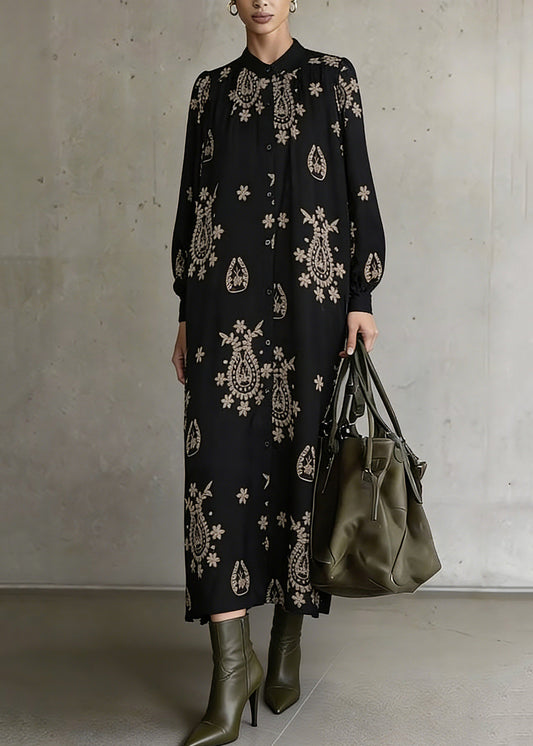 Black Stand Collar Print Ankle Dress Lantern Sleeve