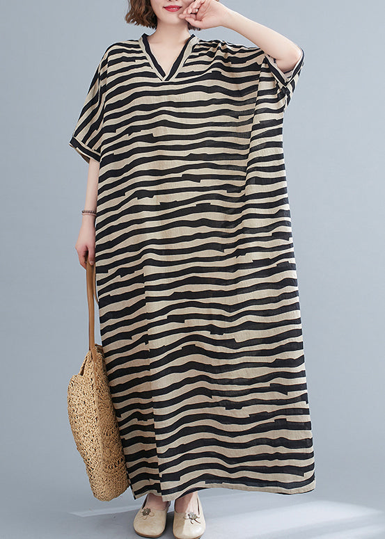 Black Striped V Neck Pockets Long Dress Short Sleeve