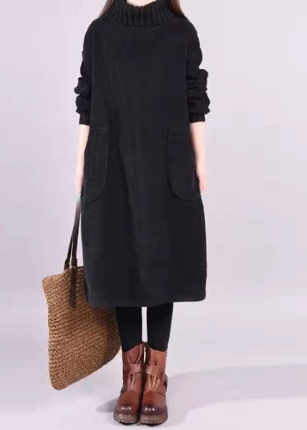 Black Turtle Neck Patchwork Warm Fleece Corduroy Dress Long Sleeve